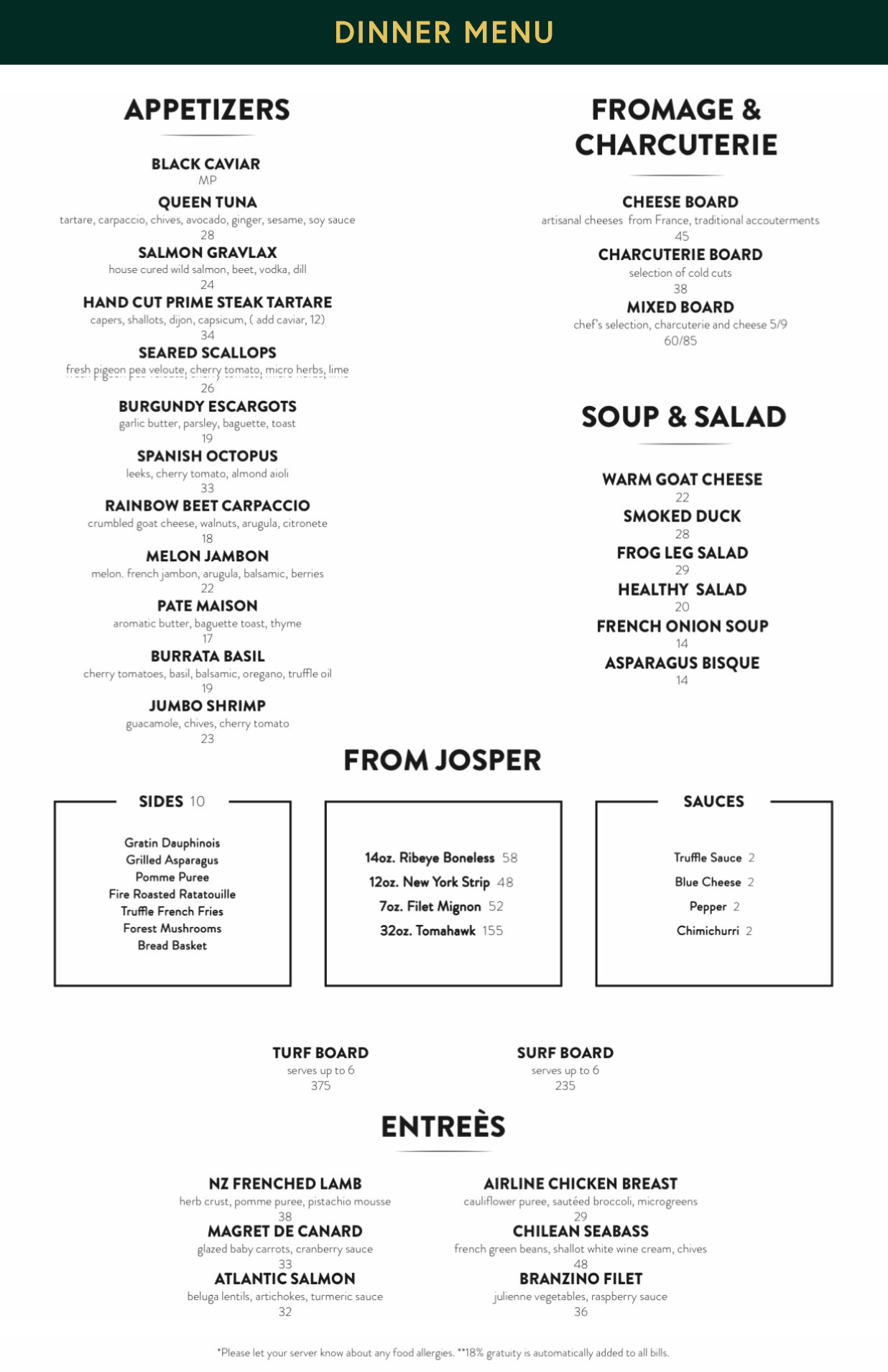 Epique Restaurant Menu - Dinner