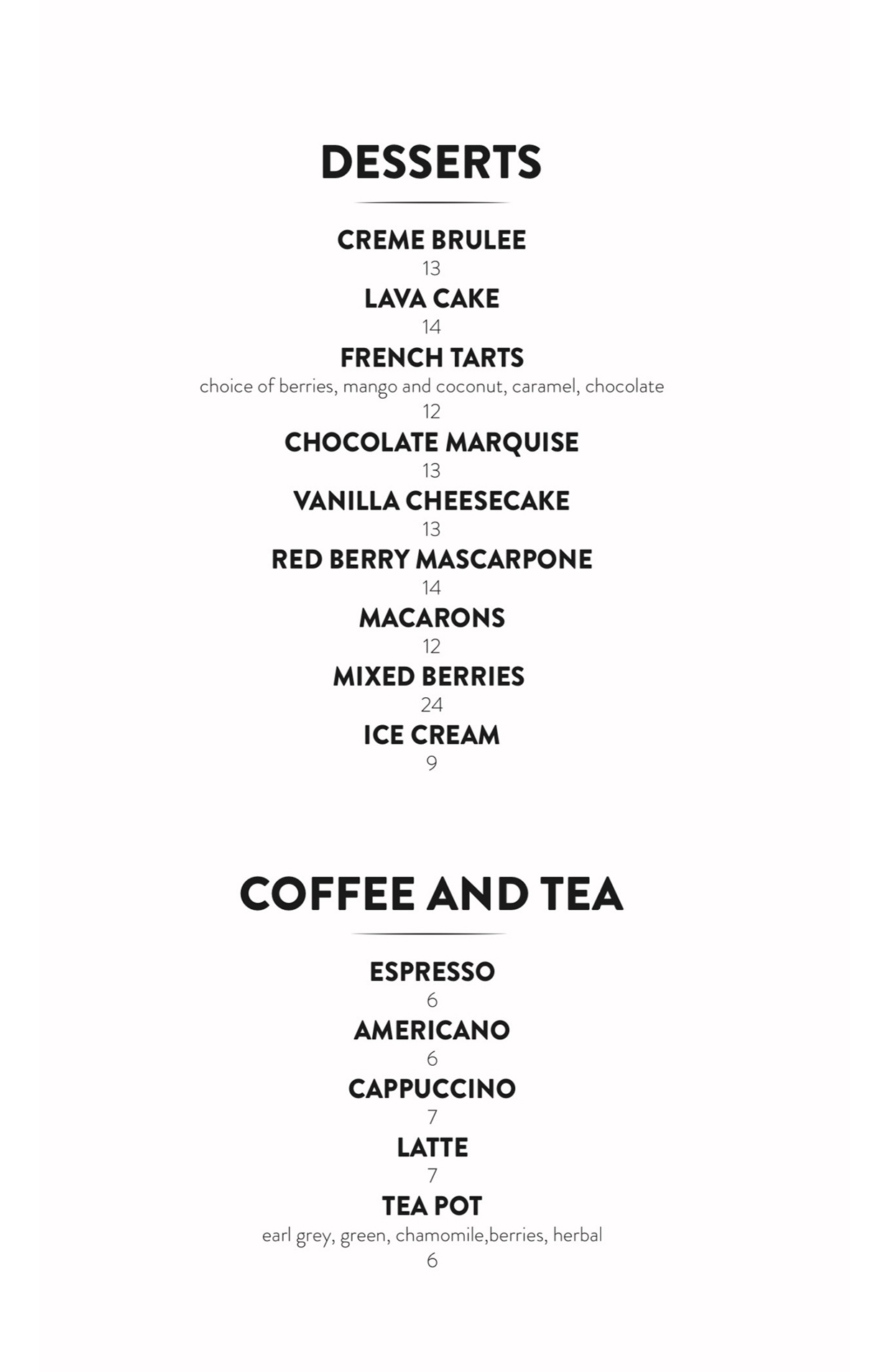 Epique Restaurant Menu - Desserts and Coffee